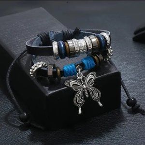 Vintage Butterfly Black PU Leather Adjustable Wrap Bracelet Adjustable Length